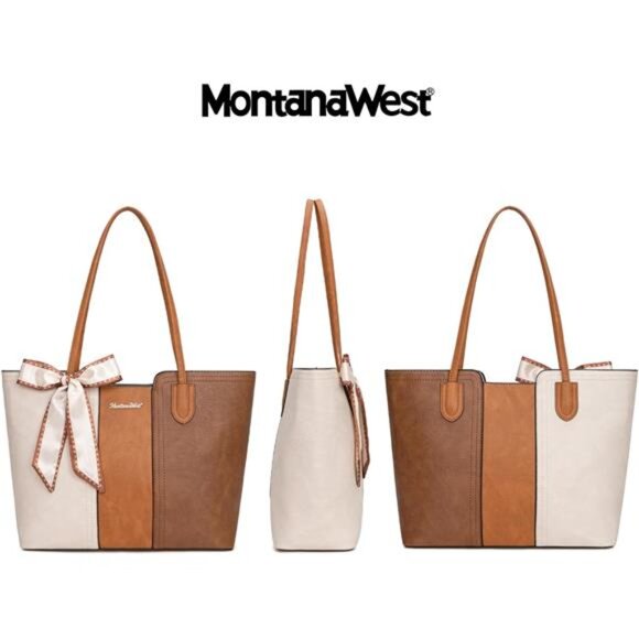 Montana West Medium Tote Bag Brown & Beige Vegan Leather Top Handle Satchel - Picture 4 of 8